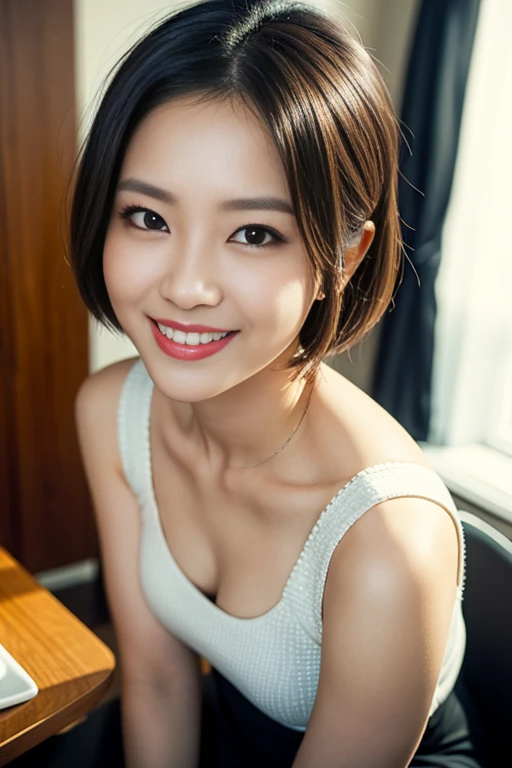 (A beautiful Japanese office lady, age 28, wearing casual evening white top & lime mini-pants, eating dinner and embracing AI, thoughtful expressions, kind smile, dimpled chins, cute snaggle-tooth, short bob hair ponytail, symmetrical face, realistic detailed face, beautiful detailed eyes, perfect body proportions, ample round bosoms, photorealistic, hyper-realism, high contrast, ultra HD, realistic skin textures, top image quality, top-quality, super high resolution, fine details, very meticulously, masterpiece, head to knees, High Angle Shot, bokeh background)