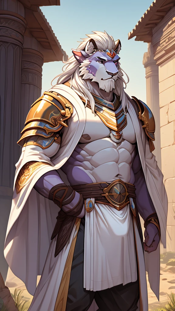 (masterpiece),(highres),(intricate details:1.4),extremely detailed,(illustration:1.2),8k,photorealistic,exquisite,aged,elder male lion ,muscular,(brave paladin:1.7),(Ancient Greek mythological style;1.8),(loose white robe:1.6),manhood,safeguard,(white hair:1.3),long hair,long white beard,scar,(badly damaged),(sacrifice),hurt,broken body ,(bulging crotch:1.8),(homosexual),(naked upper body:1.7),(a serene face:1.9)