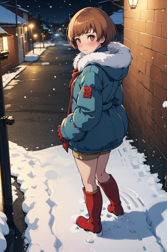 masterpiece, best quality,  chiep4, chiemidwinter, blue coat, fur trim, red scarf, shorts, red boots, snow, street, night, lamppost, from above, blush, looking at viewer, snowing