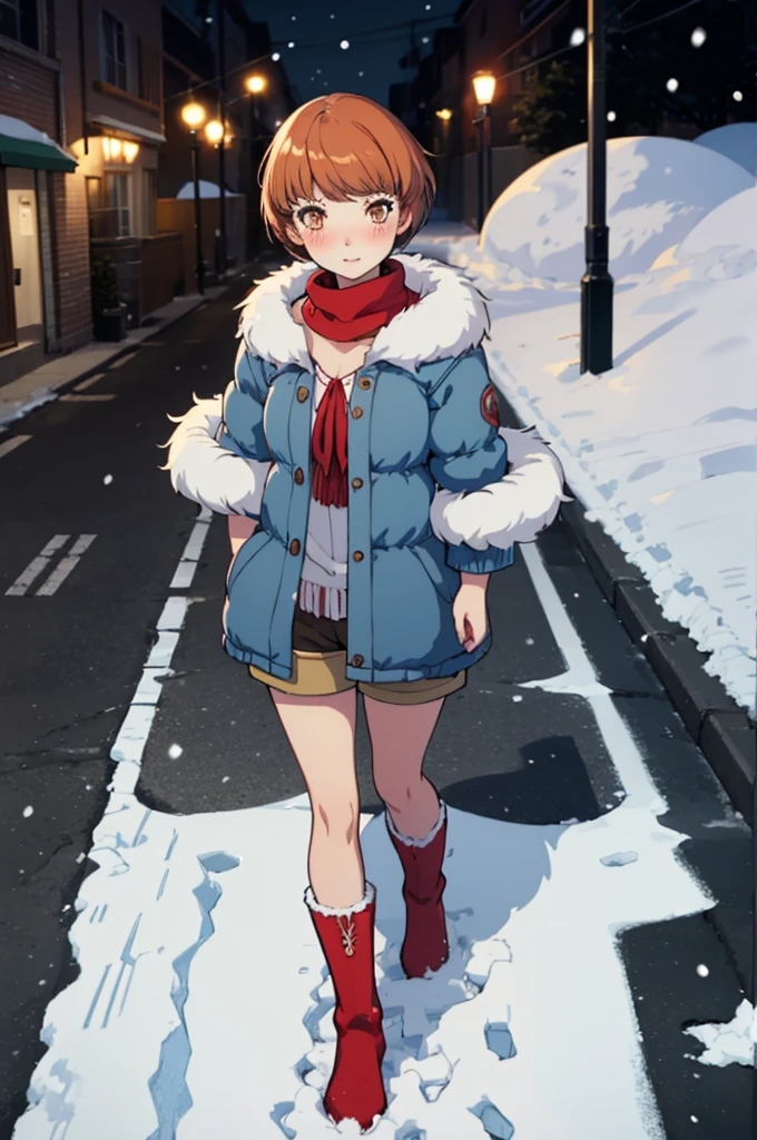 masterpiece, best quality,  chiep4, chiemidwinter, blue coat, fur trim, red scarf, shorts, red boots, snow, street, night, lamppost, from above, blush, looking at viewer, snowing