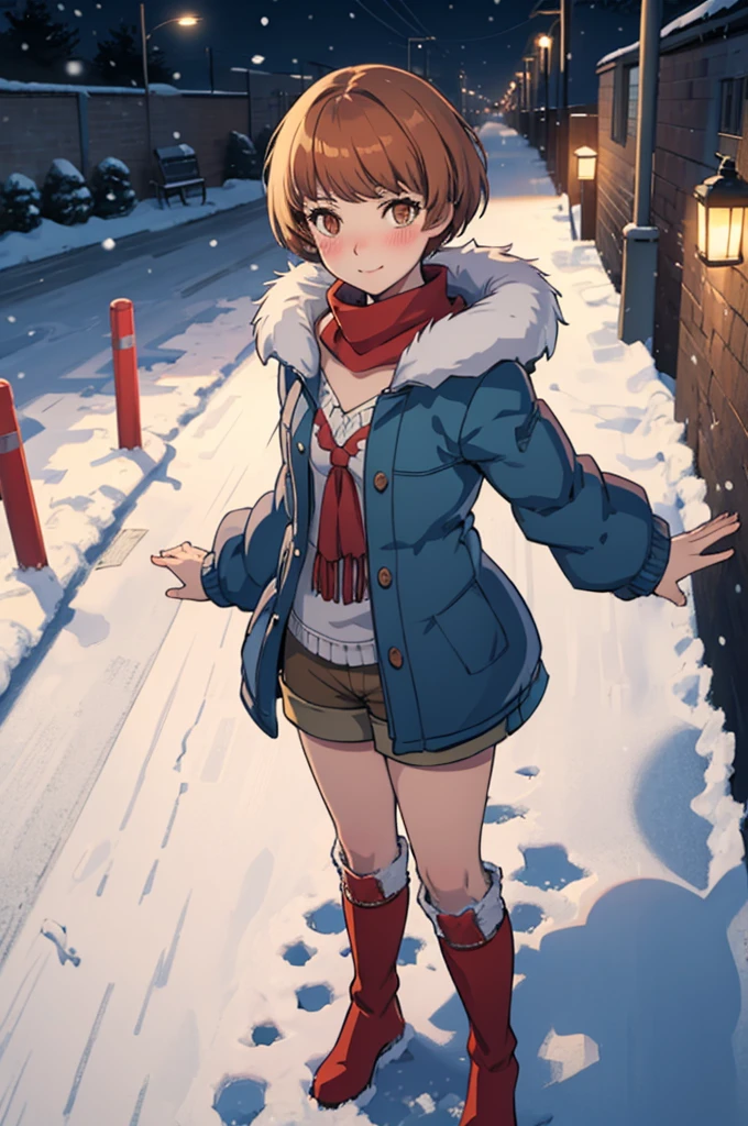 masterpiece, best quality,  chiep4, chiemidwinter, blue coat, fur trim, red scarf, shorts, red boots, snow, street, night, lamppost, from above, blush, looking at viewer, snowing