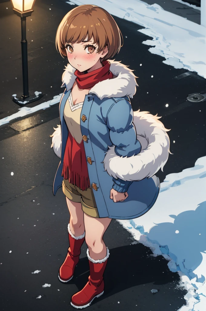 masterpiece, best quality,  chiep4, chiemidwinter, blue coat, fur trim, red scarf, shorts, red boots, snow, street, night, lamppost, from above, blush, looking at viewer, snowing