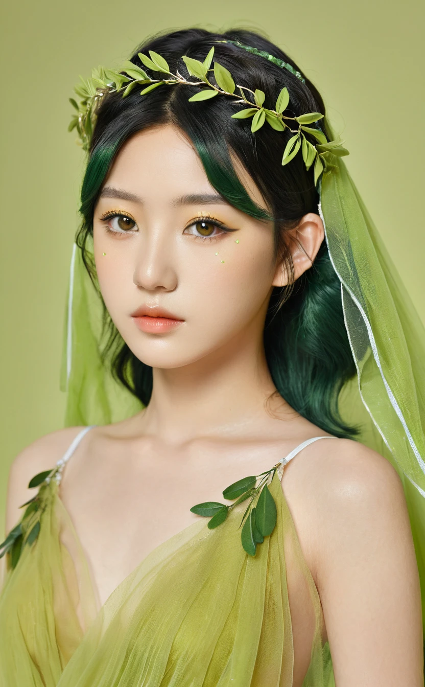 Realistic,Portrait of one girl of young Japanese idol,Upper Body,Dark green hair,indoor,View your audience,Simple Background,Release your lips,olive leaf tiara,Lime green Greek dress,Popular Korean makeup,photoRealistic,,A sheer yellow-green veil is draped over her shoulders.,Wavy Hair
