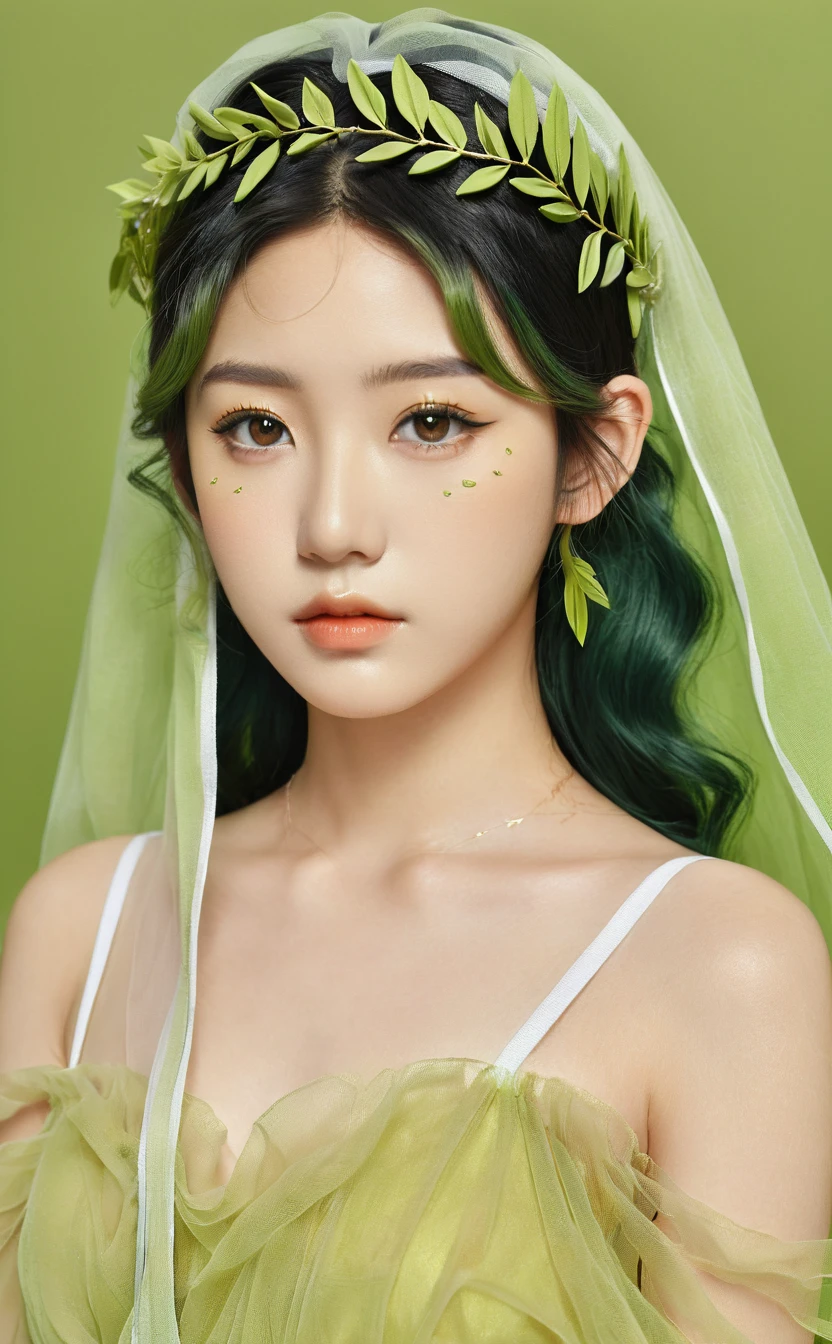 Realistic,Portrait of one girl of young Japanese idol,Upper Body,Dark green hair,indoor,View your audience,Simple Background,Release your lips,olive leaf tiara,Lime green Greek dress,Popular Korean makeup,photoRealistic,,A sheer yellow-green veil is draped over her shoulders.,Wavy Hair