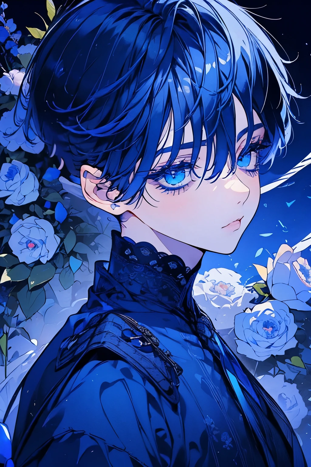 (Mastepiece), (Best Quality), Very detailed, 1 boy, Solo Shooting, Perfect Face, Beautiful Face, Very detailedな顔,(Navy Blue Hair:1.3),(short hair:1.4)、(Big eyes:1.4),(Long eyelashes:1.4)、(Blue Eyes:1.3)、Black clothes、Lots of flowers、petal