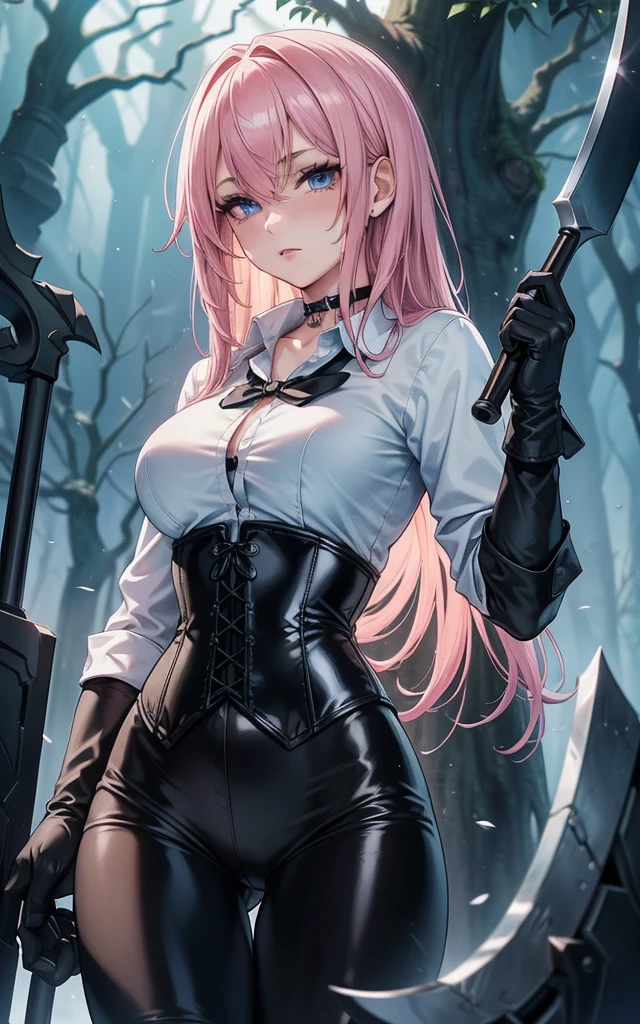 Masterpiece, Beautiful art, professional artist, 8k, art style by sciamano240, Very detailed face, Detailed clothing, detailed fabric, 1 girl, perfectly drawn body, fighting pose, beautiful face, long hair, blue eyes, very detailed eyes, pink cheeks, shy expression, choker:1.6, (long sleeve white collar buttoned shirt), black gloves, gloves covering hands, (holding an ax in the right hand), (black leather corset), (shiny black leggings), sensual lips , evening de invierno, show details in the eyes, view from front, looking at the viewer, dark path, dark forest, evening, Atmosphere, fog