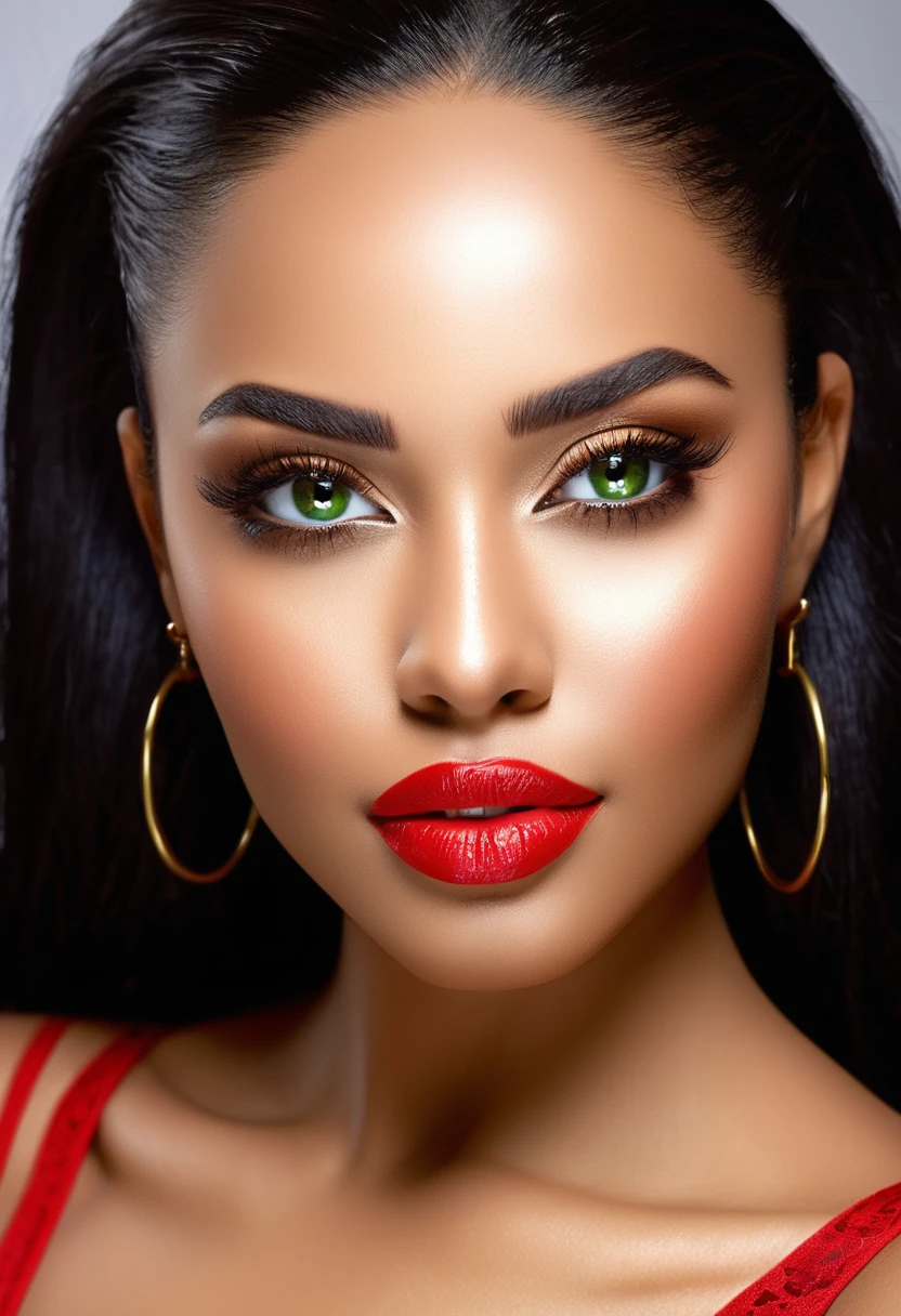 Woman in red lingerie posing for photo. fine details in everything, a beautiful woman, beautiful Latin face, Brazilian supermodel, stunning beauty, stunning, Angolan descent, most beautiful woman in the world, jaw-dropping beauty, young adult 30 years old, She has an exotic beauty, native Brazilian , tall woman, a stunning black African woman, with indigenous features, beautiful indigenous girl, ((An indigenous African girl with European ebony)), ((her beauty is undeniable)), beautiful young ebony girl with dark skin, tanned Mexican. *hair: Straight black hair, voluminous black hair, long black hair. *eyes: eyes are green and expressive, beautiful green eyes, realistic green eyes, detailed green eyes, ultra realistic, symmetrical, hyper realistic, (eyeliner, long eyelashes ), intense and penetrating look, seductive, mysterious and charming look, the look has magnetism, attraction and fascination.* Eyebrows: perfect eyebrows that arch gracefully above the eyes and are thick. * the nose is small and proportional to the face and smooth contour of the face that accentuates the high cheekbones. *Mouth: Attractive and irresistible mouth, lips are well defined, full lips, voluminous lips, seductive lips, captivating, striking, unforgettable, mischievous, sexy, her features are captivating, seductive expression, a seductive smile is enigmatic*Face Shape: The face is oval, with high cheekbones and a well-defined jawline, beautiful and detailed face.*Makeup: Makeup is subtle , but enhances natural features.Skin Tone: Skin is olive, with a healthy, even glow, with brown skin, brown skin, sexy girl with dark skin, detailed skin texture, Beautiful and glowing skin, intricate details, skin smooth, healthy and radiant appearance.*healthy body: slim and attractive woman, large and firm breasts, athletic body, thin waist, wide hips, big butt, thick thighs, shapely legs. Resolution: 3D 4k, high resolution, full sharpness photo realistic, breathtaking, Lentille nette, Photographie pro