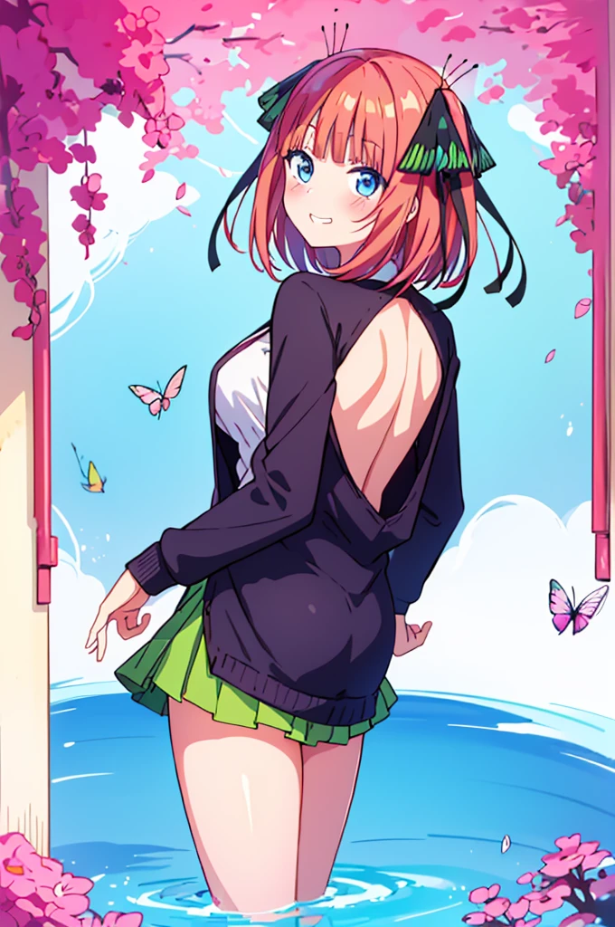 go-toubun no hanayome,nakano nino, pink hair,bangs black_cardigan,black_ribbon,blue_eyes,blunt_bangs,blush,breasts,butterfly_hair_ornament,button_gap,cardigan,green skirt,sketch,1girl,grin, looking back, very short hair, underwear, the pool is so clean that you can see the tiles and steps under it,gotoubun no hanayome, nino nakano, pink hair, blue eyes, big breasts
