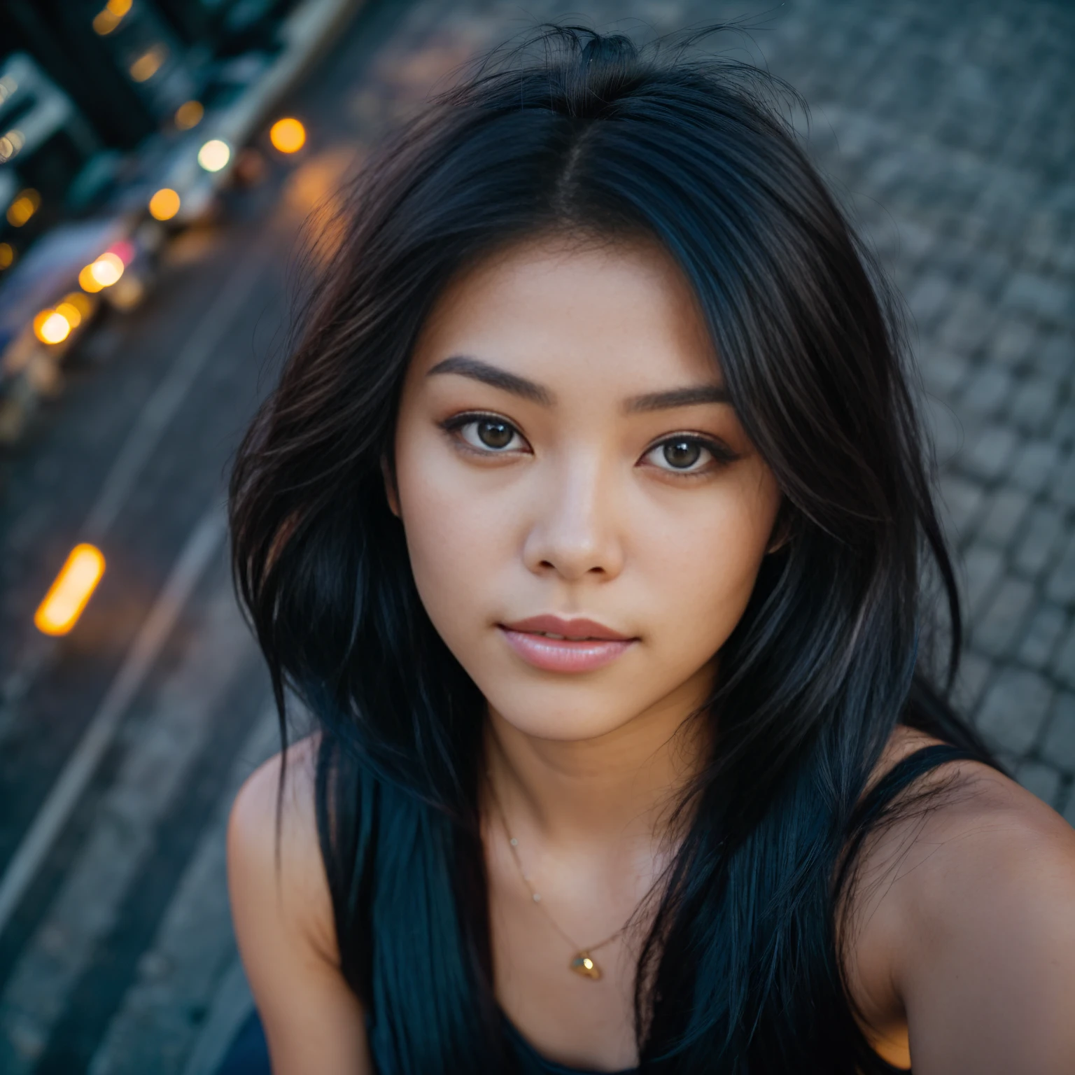 arafed woman with black hair sitting on the beach, flowing black hair, with black hair, photo of a beautiful woman, long flowing black hair with ((deep blue high lights)), pink golden hour, curly pink hair, beautiful young asian woman, beautiful asian woman, wild ginger hair, pink wispy hair, light pink hair, a young asian woman, an asian woman, infp young woman, (taking selfies, overhead view: 1.4), (straight half of the torso: 1.4), Portrait photo of a 24-year-old french girl in RAW UHD format (Black-eyed woman) Walk down the dark alley, night city, Details (textures! , Hair! , glistering, Color!! , imperfections: 1.1), highly detailed glossy eyes (looking at the camera), DSLR Lighting, SLR camera, Ultra-Quality, sharpness, Depth of field, Film grain (Downtown), Fujifilm XT3, Crystal clear, Frame Center, beatiful face, sharp-focus, street lamp, neon lighting, bokeh (dimly lit), night time, (night  sky), detailed skin pores, oilly skin, suntan, Complex eye details