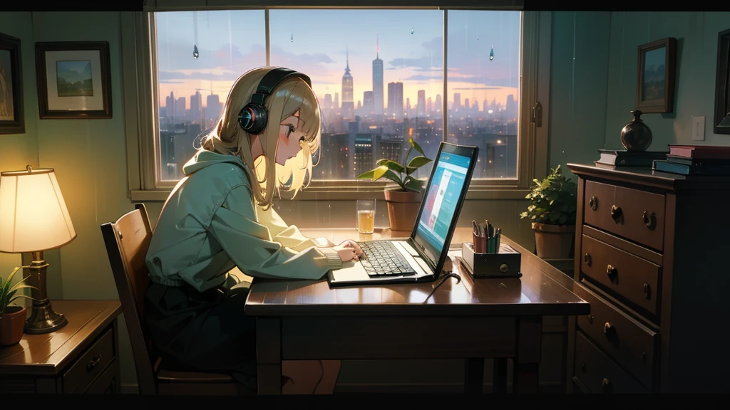 Create a cozy lo-fi scene featuring a girl sitting at a wooden desk in her room. She has large, comfortable headphones on and is deeply engrossed in her laptop, where she is either studying or creating music. The room is softly lit with warm fairy lights hanging on the walls and a small potted plant on the desk, adding a touch of nature. Outside the window, the city skyline can be seen under a gentle rain, with raindrops softly hitting the glass