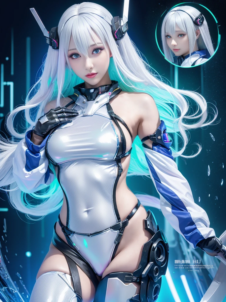 Super Detail, High Detail, high quality, best quality, High resolution，1 female robot，Beautiful female robot,beautiful clear face(Rain waves_haneame：1.5)， Realistic, High resolution, Soft Light,Hips up, (Detailed face), silver hair, long hair, Mecha Maiden, Colorful mechanical parts, mechanical joint, Thick mechanical armor,Weaponry, All metal body, Technology Antenna Hair Accessories