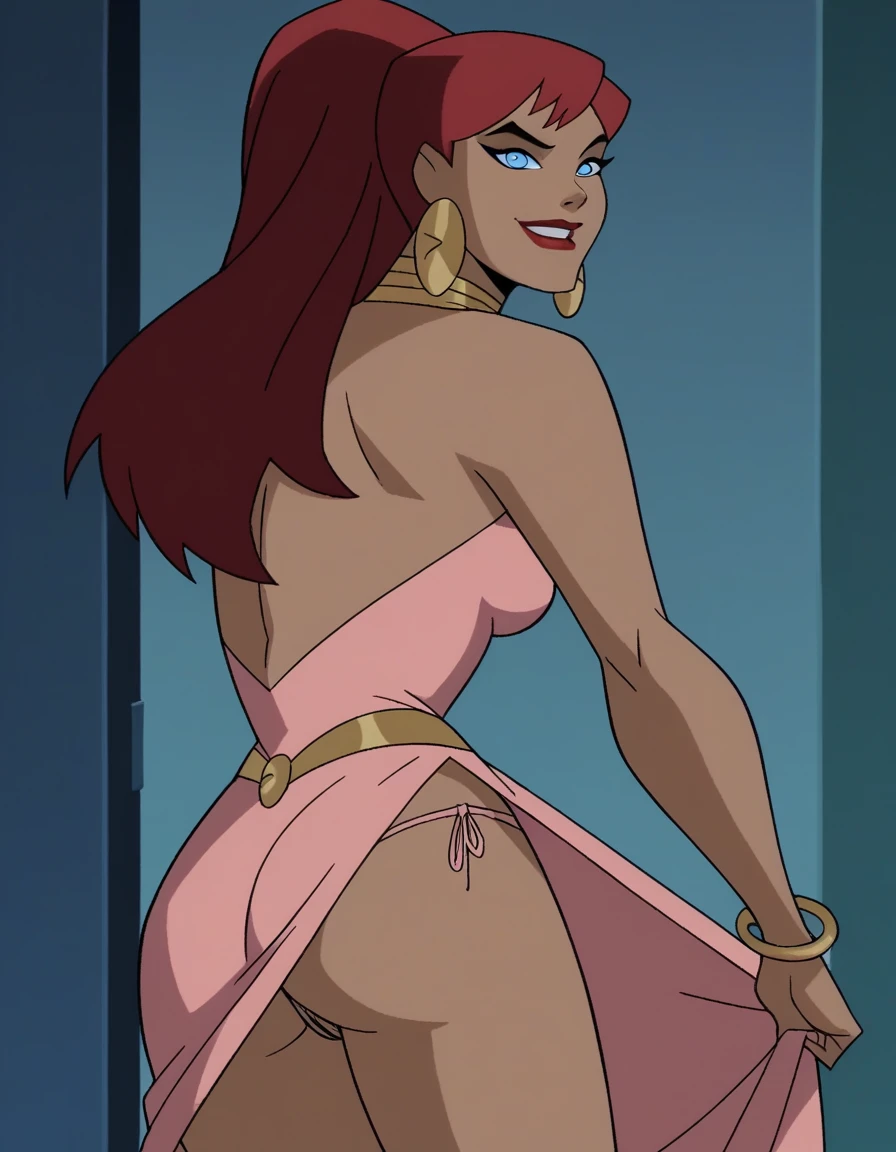 score_9, score_8_up, score_7_up, source_anime,
giganta, giganta, blue eyes, red hair, dark skin, 1girl, solo dark-skinned female, makeup, lipstick, ponytail,
dress, jewelry, earrings, bracelet, pink dress, eyebrows raised, seductive smile, looking at viewer
indoors, bent over, lifting dress, dress all the way up, big butt, full view, side view, rear view, pulling back panties, wedgie, pussy peek, self wedgie