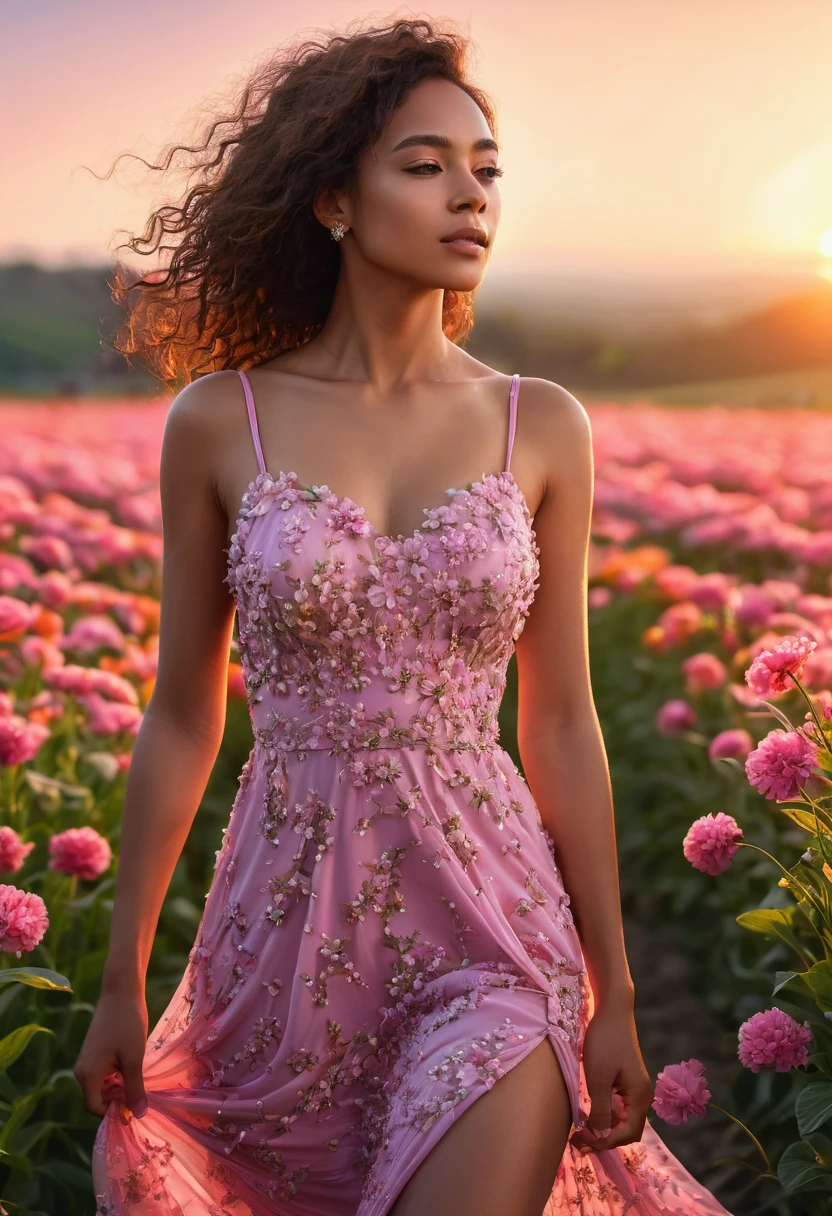 8k, extremely detailed hands and face, beautiful mixed girl, extremely detailed full body, beautiful chest, cute legs,She sniffs a flower , beautiful Flower fields, sunset, long pink dress,vibrant colors, natural lighting, (best quality,4k,,highres, masterpiece:1.2),ultra-detailed,(realistic,photorealistic,photo-realistic:1.37),portrait,landscape