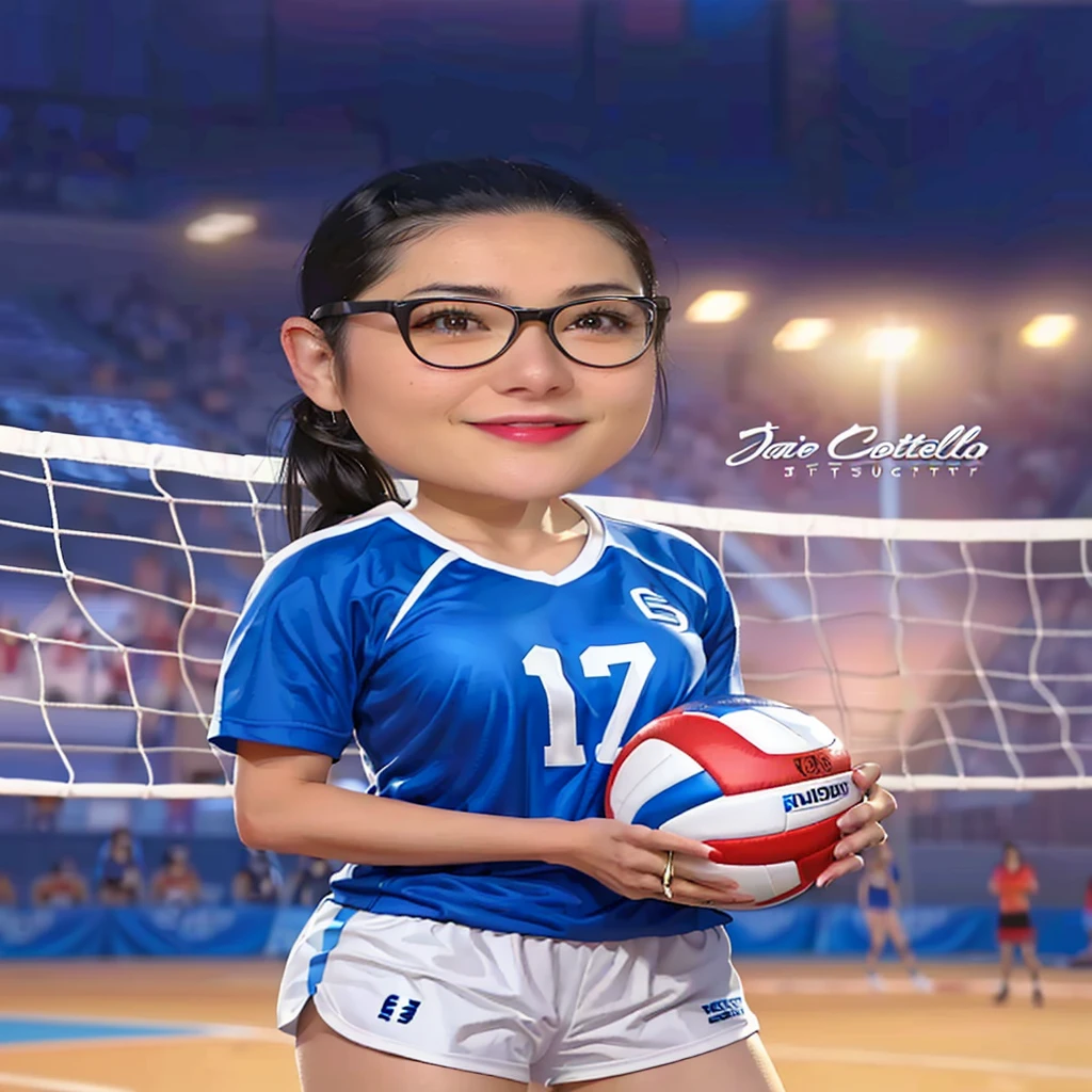 there is a woman holding a volleyball ball in front of a net, wearing a volleyball jersey, Cartoon illustration, Cartoon, Cartoonl, Cartoon style, in cartoon style, cartoon portrait, Cartoon, volleyball, realistic cartoon, Cartoon!!!, profile picture, carla ortiz, Volleyball court background, roxie vizcarra, digital art. @mariomaniacdude