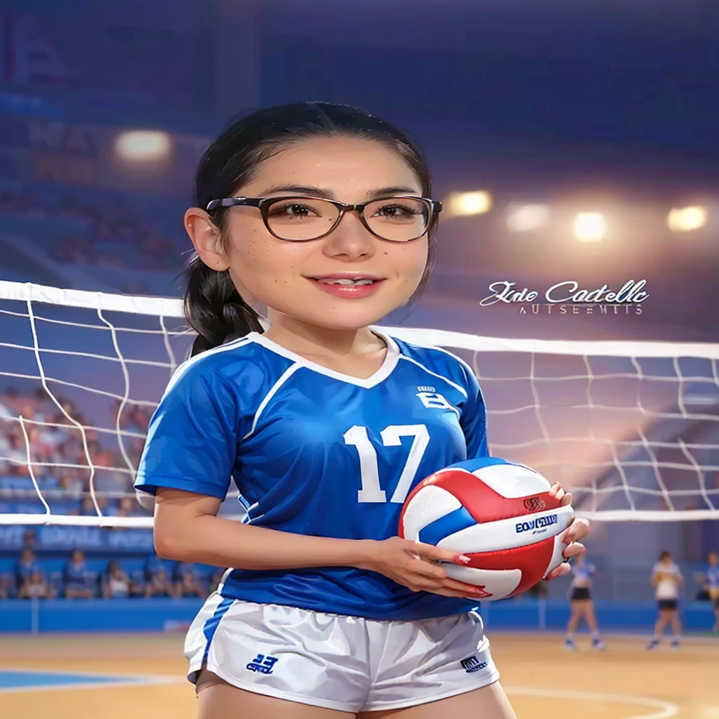 there is a woman holding a volleyball ball in front of a net, wearing a volleyball jersey, Cartoon illustration, Cartoon, Cartoonl, Cartoon style, in cartoon style, cartoon portrait, Cartoon, volleyball, realistic cartoon, Cartoon!!!, profile picture, carla ortiz, Volleyball court background, roxie vizcarra, digital art. @mariomaniacdude