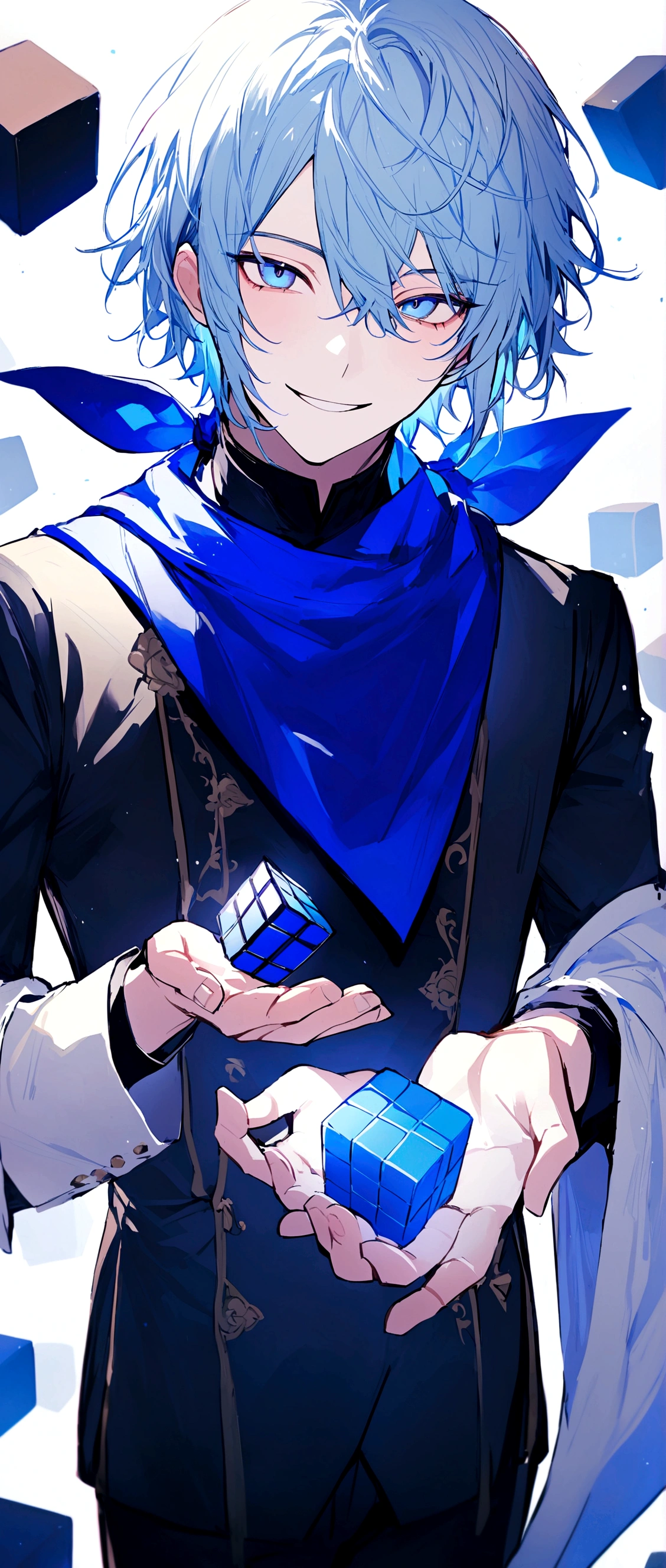 Beautiful young man,Bob Hair,Light blue hair,He wears a blue triangular bandana on the left side of his head.,Light blue eyes,Nihilistic smiling face,Two large blue Rubik's cubes are floating behind him,