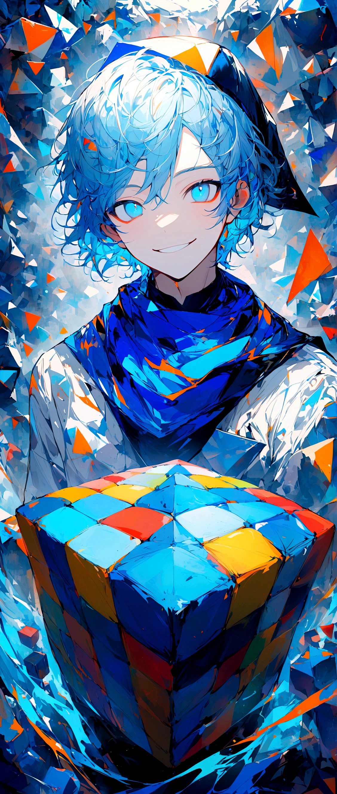 Beautiful young man,Bob Hair,Light blue hair,He wears a blue triangular bandana on the left side of his head.,Light blue eyes,Nihilistic smiling face,Two large blue Rubik's cubes are floating behind him,