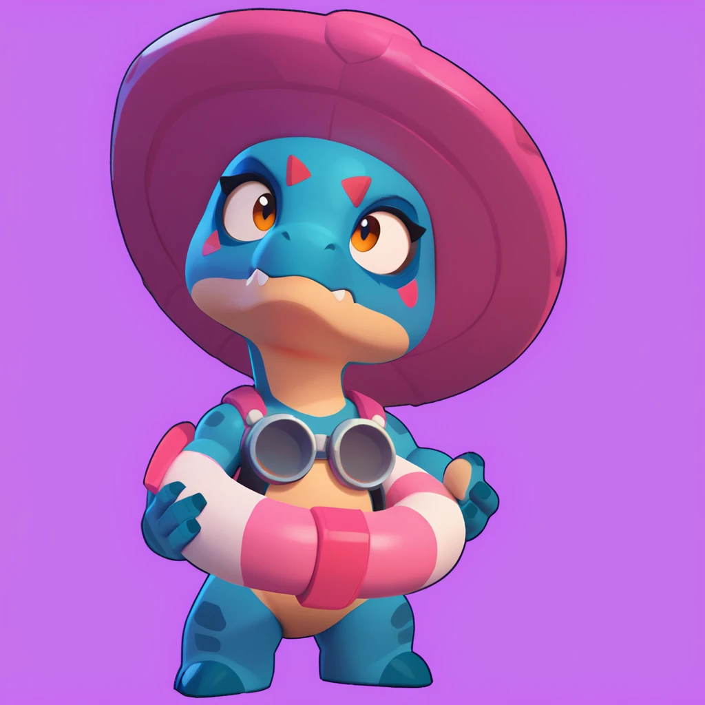 full view of a dinosaur, female, dark blue skin, friendly dinosaur, having a pink and white buoy, dinosaur animal, brawl, brawl stars