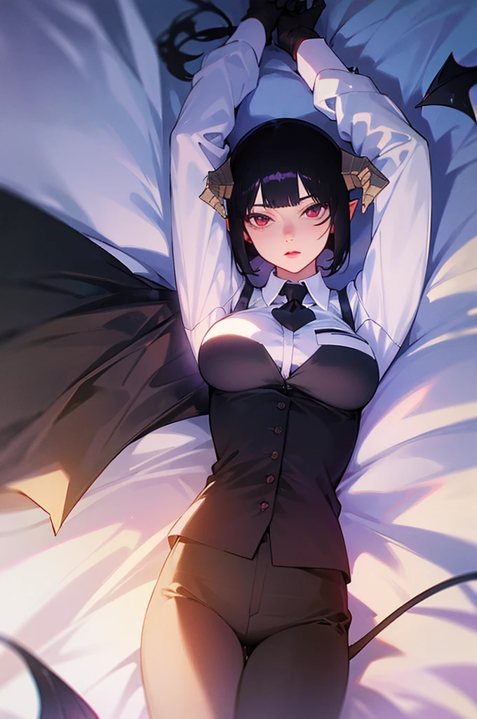work of art, best qualityer, high resolution, 1girl horns short hair demon tail, white shirt black ascot black gloves black pants black vest lying on your back, sheet, arms up