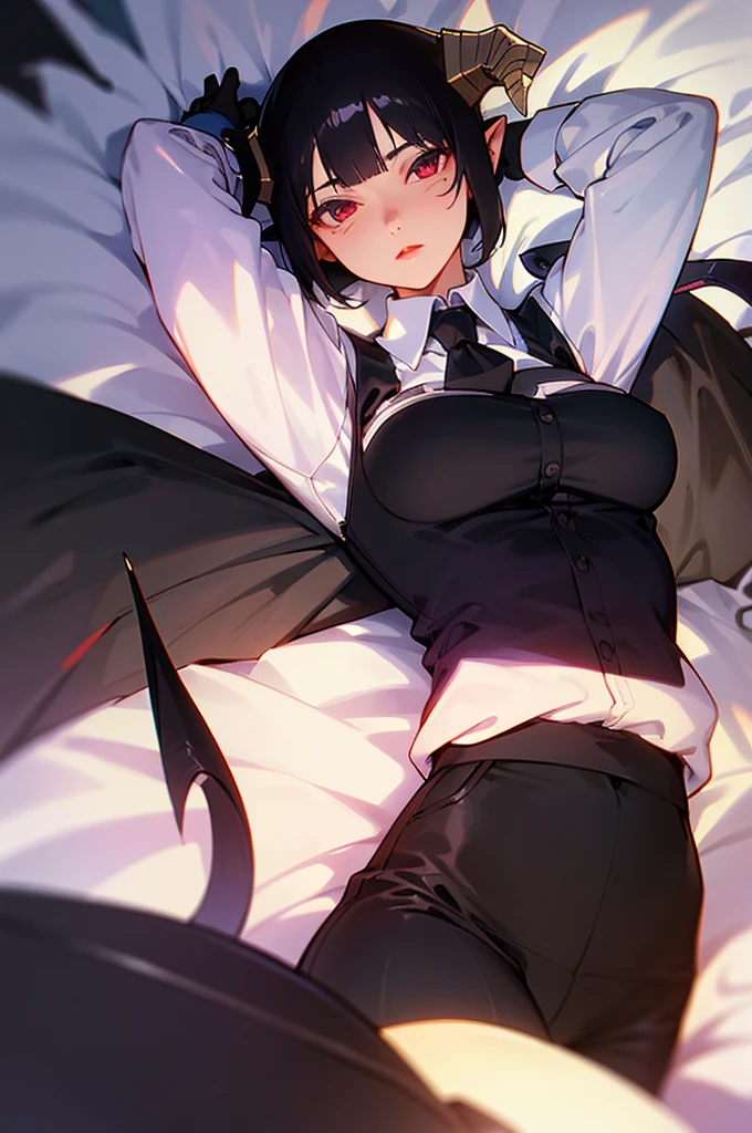 work of art, best qualityer, high resolution, 1girl horns short hair demon tail, white shirt black ascot black gloves black pants black vest lying on your back, sheet, arms up