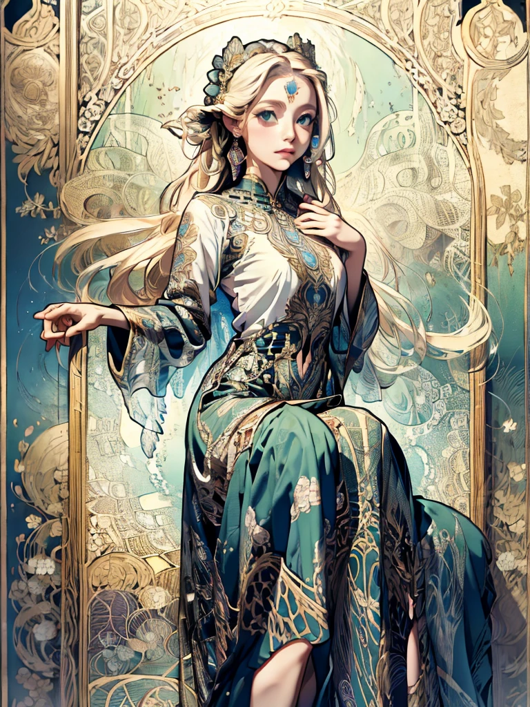 A fairy wearing a dress with a sea pattern, the edge of the water, sparkling, colorful, delicate