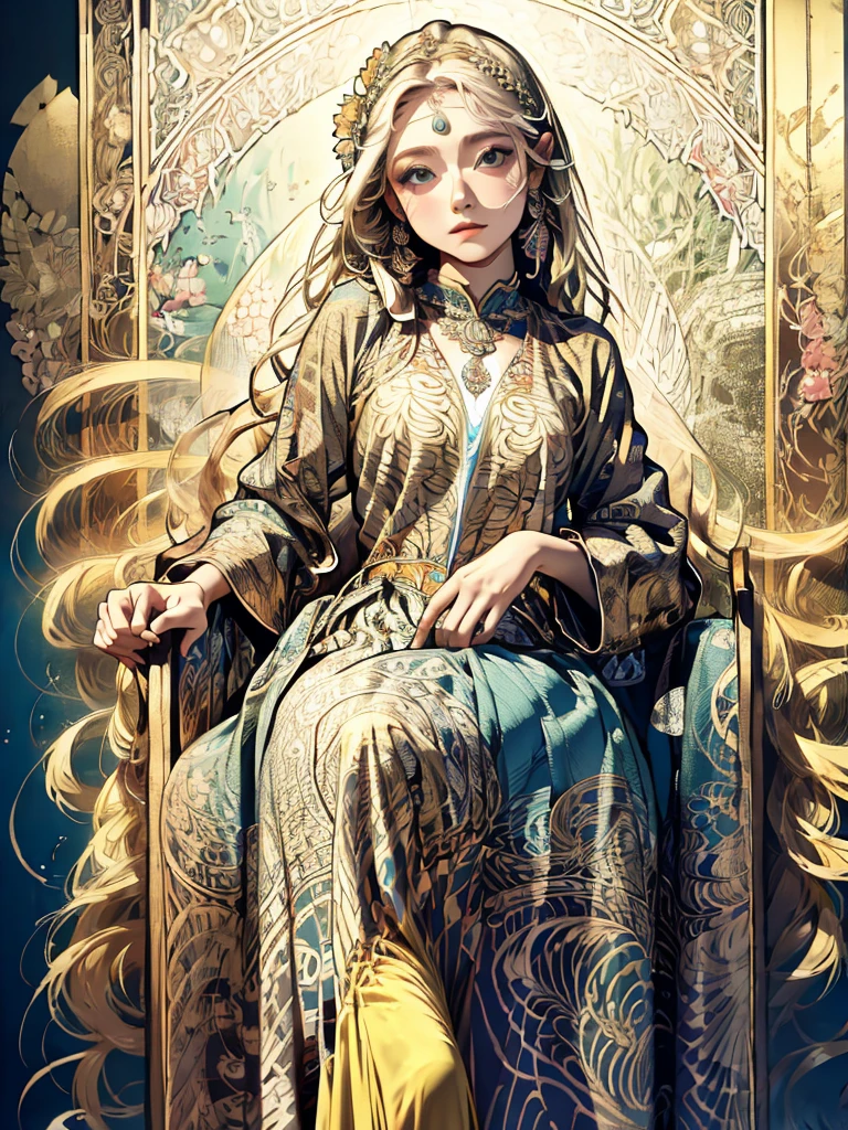A fairy wearing a dress with a sea pattern, the edge of the water, sparkling, colorful, delicate