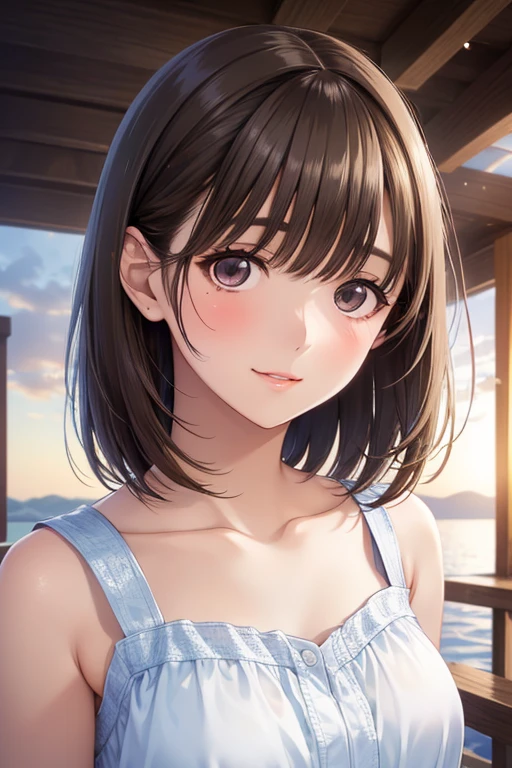 anegasaki nene、Shiny brown hair, short hair, Beautiful brown eyes、smile、Sparkling eyes, (Fine grain)、Ultra-detailed eyes、Highly detailed face, Highly detailed eyes,


(masterpiece:1.2, Highest quality), (Realistic, photoRealistic:1.4), Beautiful illustrations, (Natural Side Lighting, Cinema Lighting),  

 1 Girl, Calm expression, Captivating eyes, loose fitting dress, Calm posture, Porcelain Skin, A faint blush, クリスタルペンダント1 Girl, Mature Woman, sunset, lake, forest, smile