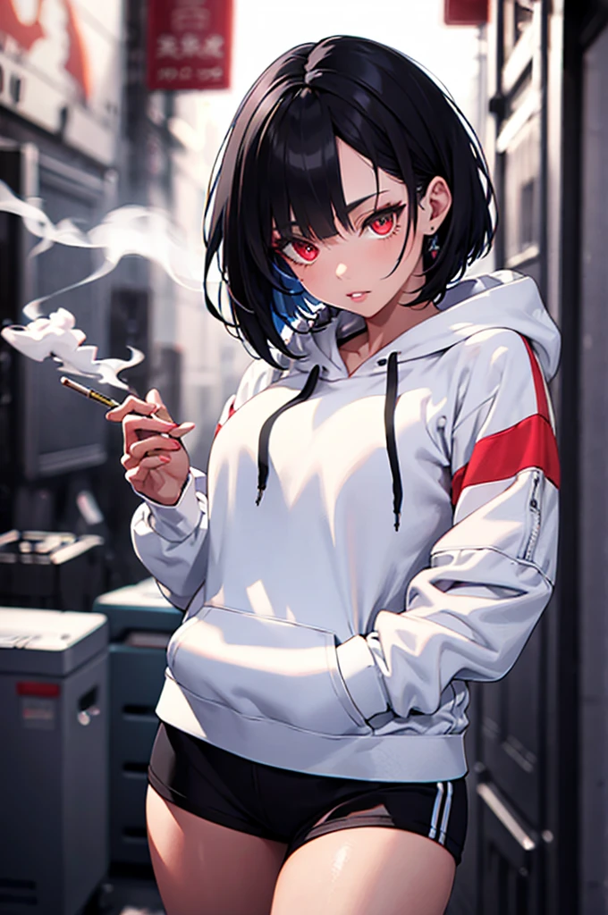 a woman with short black hair, beautiful detailed eyes, beautiful detailed lips, extremely detailed face, longeyelashes, wearing a hoodie ,  shorts, red eyes, smoking a joint,high,hyperrealistic, 8k, best quality, photorealistic, highly detailed, studio lighting, professional, vivid colors, intricate details