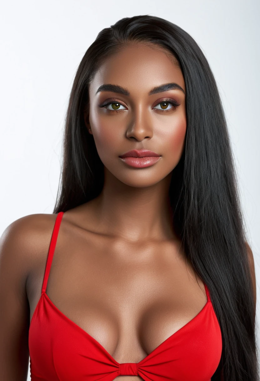 Woman in red lingerie posing for photo. fine details in everything, a beautiful woman, beautiful Latin face, Brazilian supermodel, stunning beauty, stunning, Angolan descent, most beautiful woman in the world, jaw-dropping beauty, young adult 30 years old, She has an exotic beauty, native Brazilian , tall woman, a stunning black African woman, with indigenous features, beautiful indigenous girl, ((An indigenous African girl with European ebony)), ((her beauty is undeniable)), beautiful young ebony girl with dark skin, tanned Mexican. *hair: Straight black hair, voluminous black hair, long black hair. *eyes: eyes are green and expressive, beautiful green eyes, realistic green eyes, detailed green eyes, ultra realistic, symmetrical, hyper realistic, (eyeliner, long eyelashes ), intense and penetrating look, seductive, mysterious and charming look, the look has magnetism, attraction and fascination.* Eyebrows: perfect eyebrows that arch gracefully above the eyes and are thick. * the nose is small and proportional to the face and smooth contour of the face that accentuates the high cheekbones. *Mouth: Attractive and irresistible mouth, lips are well defined, full lips, voluminous lips, seductive lips, captivating, striking, unforgettable, mischievous, sexy, her features are captivating, seductive expression, a seductive smile is enigmatic*Face Shape: The face is oval, with high cheekbones and a well-defined jawline, beautiful and detailed face.*Makeup: Makeup is subtle , but enhances natural features.Skin Tone: Skin is olive, with a healthy, even glow, with brown skin, brown skin, sexy girl with dark skin, detailed skin texture, Beautiful and glowing skin, intricate details, skin smooth, healthy and radiant appearance.*healthy body: slim and attractive woman, large and firm breasts, athletic body, thin waist, wide hips, big butt, thick thighs, shapely legs. Resolution: 3D 4k, high resolution, full sharpness photo realistic, breathtaking, Lentille nette, Photographie pro