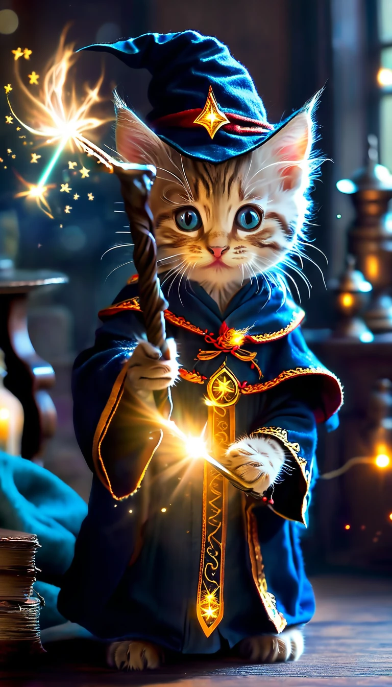 A kitten dressed as a wizard. A magical light is coming out from the tip of the wand he is holding.。