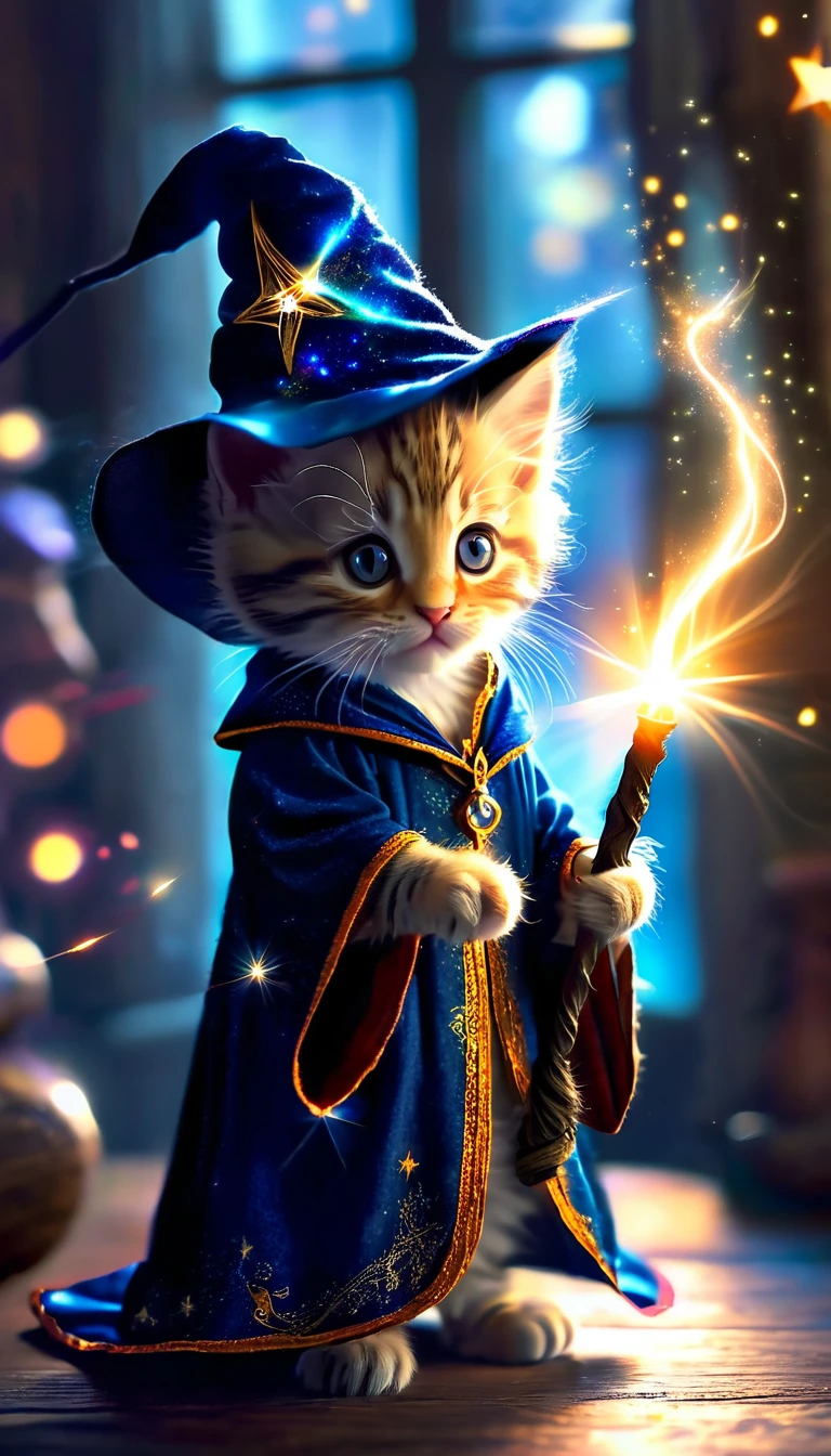 A kitten dressed as a wizard. A magical light is coming out from the tip of the wand he is holding.。