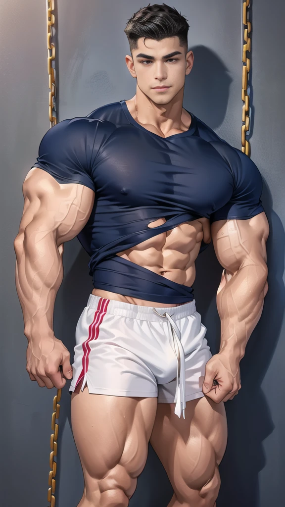(Best quality，Half body photo) ,, ((( 25 year old muscular man with closed eyes, hands tied behind his back with iron chains))) Standing，muscular man，，hairy armpits Pubic hair，(wearing a ripped navy T-shirt: 1.5) hands tied behind the back with an iron chain connected to the wall，Asian muscular bodybuilding champion (((no hair) ))，((( black wall background )))，handsome man Smooth and delicate skin, delicate skin, big nipples, very detailed eyes and eyelashes. muscular man Be a man, be a man