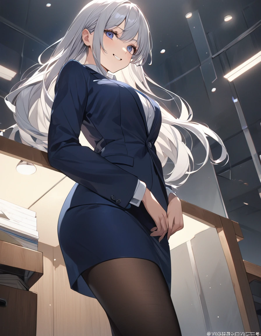 8K, Highest quality, masterpiece, Wallpapers by Unity 8K, office、(One Girl) , 、 Perfect detail, (Best lighting) , (Very intricate detail)、Big eyes、masterpieceサイドライト、(((Silver Hair))),(Her hair color is a blue-gray gradient), Semi-long hair, Very detailed, ,Larger breasts、office lady, {Navy blue business suit、white business shirt, Navy blue pencil skirt、 pantyhose}, officeのロビー、from below, View here、smile