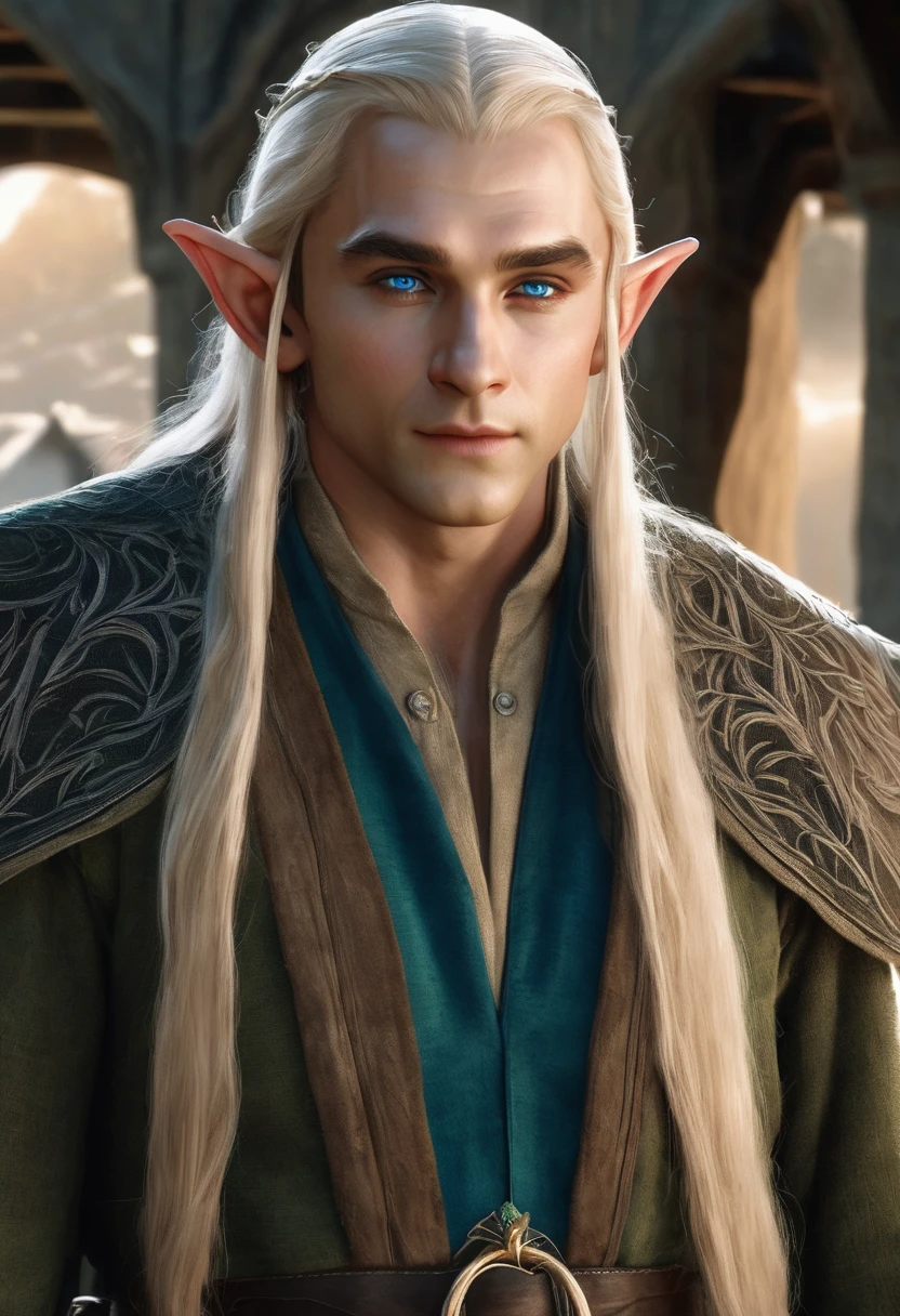 A photo realistic handsome elf lord from the lord of the rings with long straw color hair and blue eyes, and small elf ears 