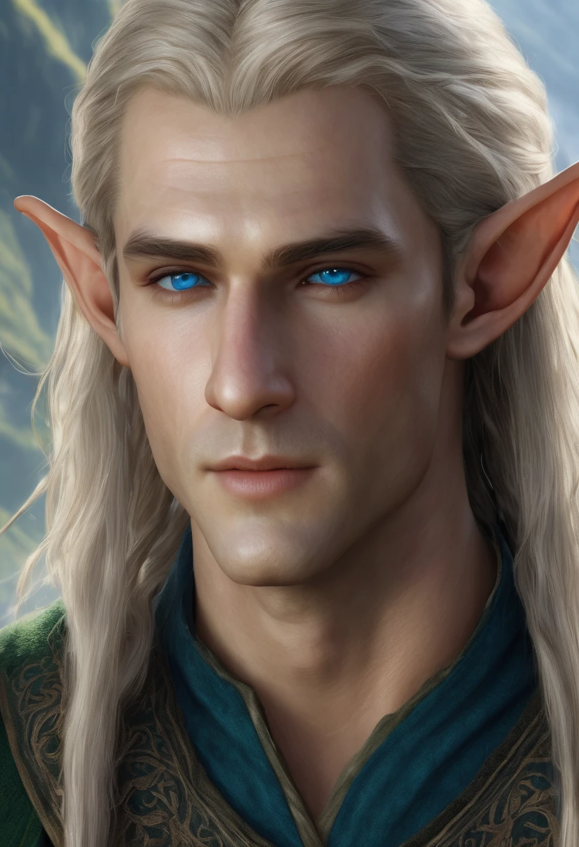 A photo realistic handsome elf lord from the lord of the rings with long straw color hair and blue eyes, and small elf ears