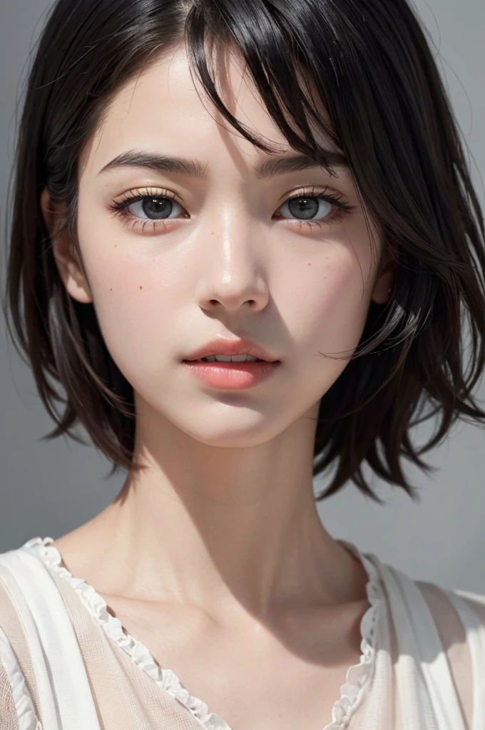 Highest quality、masterpiece、超High resolution、(Realistic:1.3)、RAW Photos、(One girl), Beautiful Face, (Realistic Face), (Black Hair、short hair:1.3), Beautiful Hairstyles, Realistic eyes, Beautiful fine details, (Realistic Skin), Beautiful Skin, (shirt), Confused, charm, 超High resolution, Ultra-realistic, High resolution, Golden Ratio、Mr.々Background