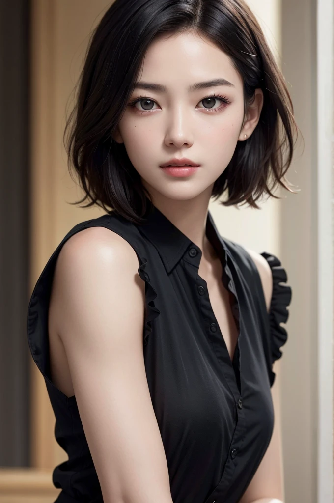 Highest quality、masterpiece、超High resolution、(Realistic:1.3)、RAW Photos、(One girl), Beautiful Face, (Realistic Face), (Black Hair、short hair:1.3), Beautiful Hairstyles, Realistic eyes, Beautiful fine details, (Realistic Skin), Beautiful Skin, (shirt), Confused, charm, 超High resolution, Ultra-realistic, High resolution, Golden Ratio、Mr.々Background