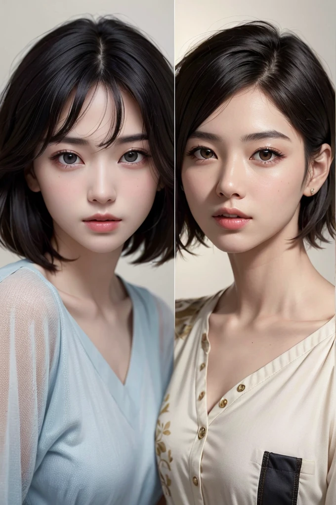 Highest quality、masterpiece、超High resolution、(Realistic:1.3)、RAW Photos、(One girl), Beautiful Face, (Realistic Face), (Black Hair、short hair:1.3), Beautiful Hairstyles, Realistic eyes, Beautiful fine details, (Realistic Skin), Beautiful Skin, (shirt), Confused, charm, 超High resolution, Ultra-realistic, High resolution, Golden Ratio、Mr.々Background