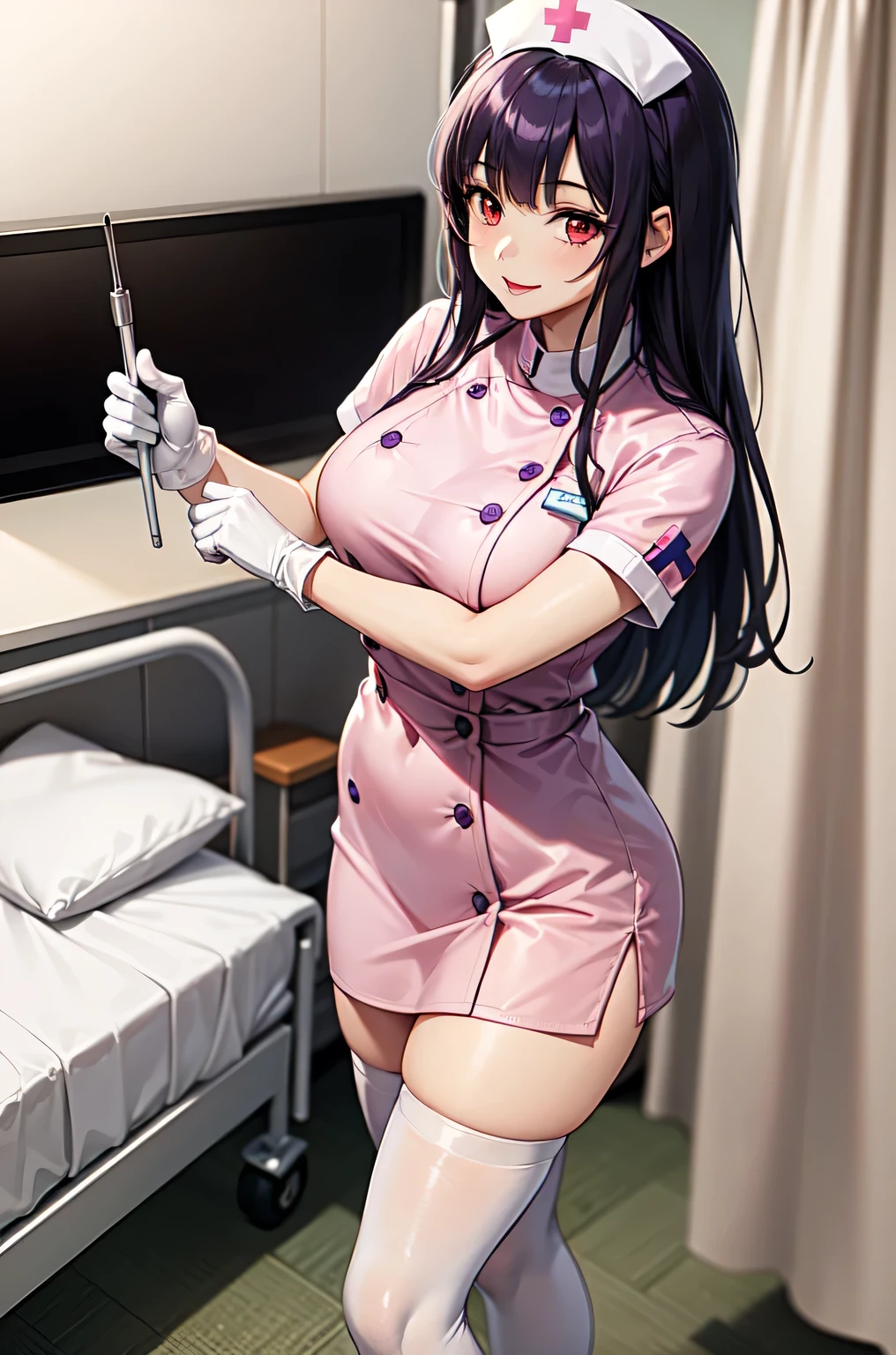 1woman, solo, nurse, white nurse cap, white nurse uniform, ((white legwear, zettai ryouiki)), white gloves, long hair, purple hair, red eyes, pink lips, smile, standing, ((hospital room)), sharp outline, short sleeves, mature female, 35 years old, best quality, masterpiece