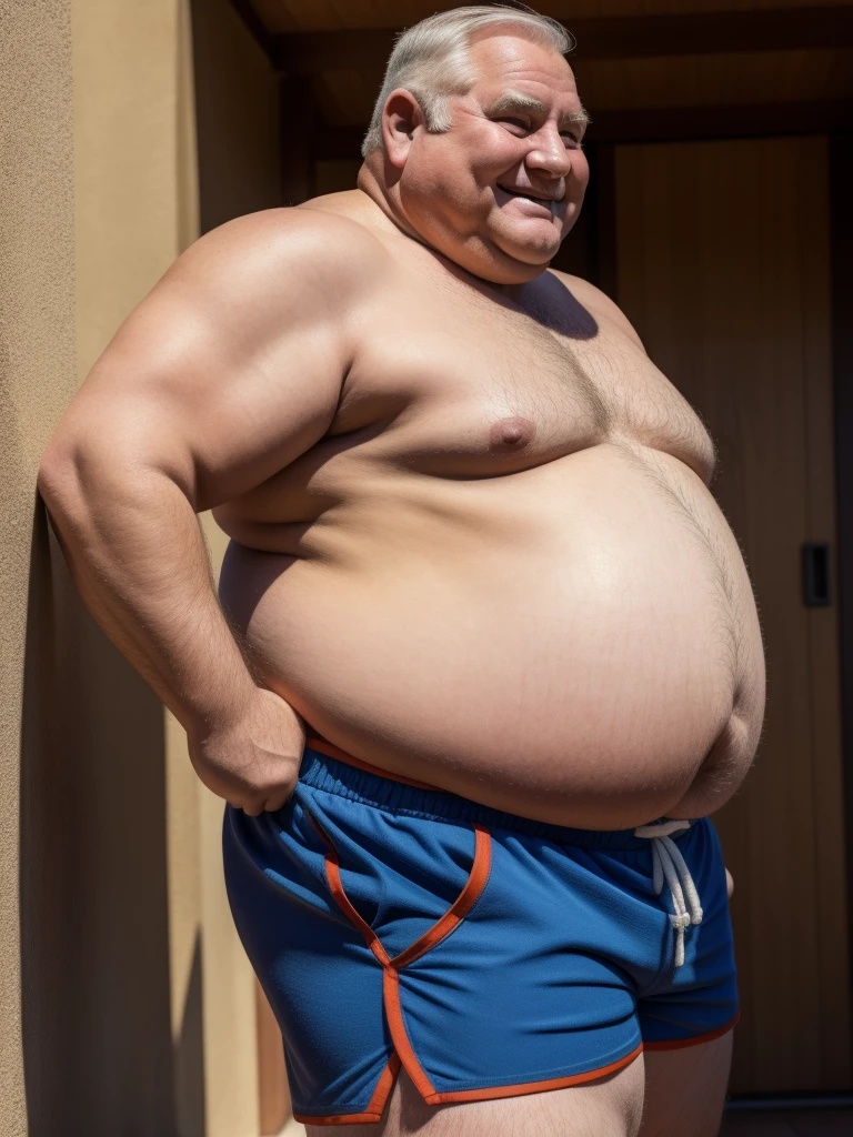 a smiling obese old man, grandpa, topless, shorts, chubby, big fat, detailed realistic portrait, 8k high resolution, sumo physique, side view, perfect center, full view, realistic skin texture, wrinkled face, short hair, jovial expression, huge belly:1.2, fat, wearing shorts, high detail, masterpiece, (best quality,4k,8k,highres,masterpiece:1.2),ultra-detailed