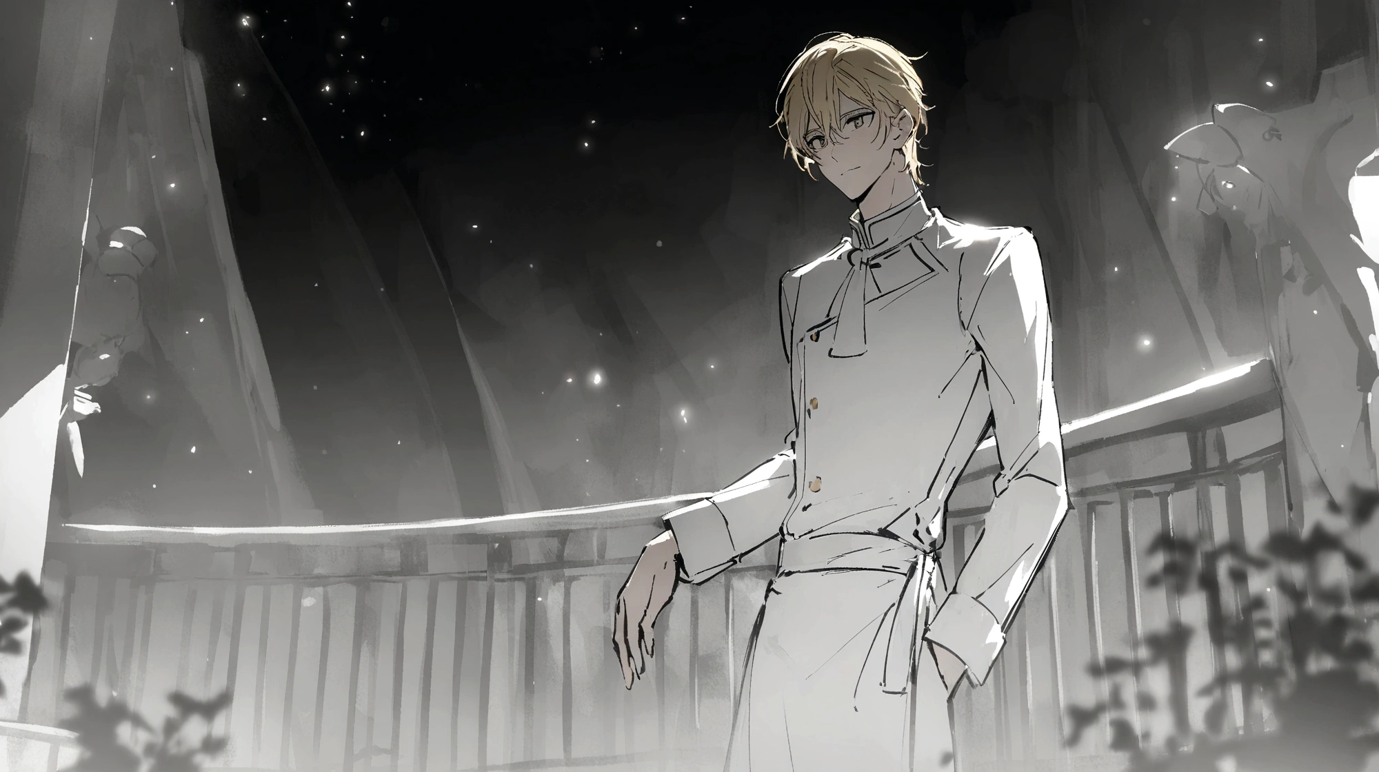 At night, a young blond man wearing a dark chef's uniform is leaning against the railing of the terrace of a European-style building, with the night starry sky in the background, cinematic lighting