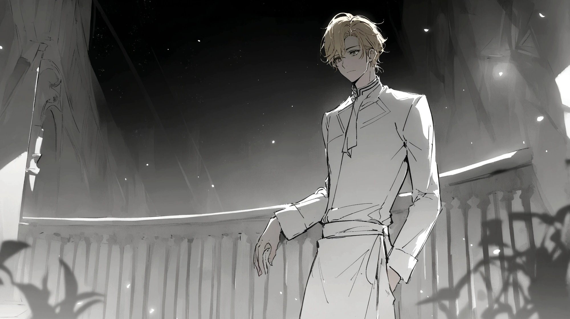 At night, a young blond man wearing a dark chef's uniform is leaning against the railing of the terrace of a European-style building, with the night starry sky in the background, cinematic lighting