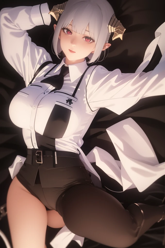 work of art, best qualityer, high resolution, 1girl horns short hair demon tail, white shirt black ascot black gloves black pants black vest lying on your back, sheet, arms up,ssmile