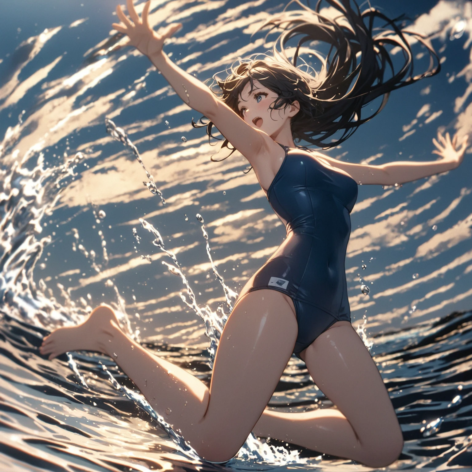 1girl、afloat、Black Hair、Navy blue swimsuit、Ocean、Oceanに浸かる、evening、Reflection on the water、deep faint light 、 detailed CG、high resolution