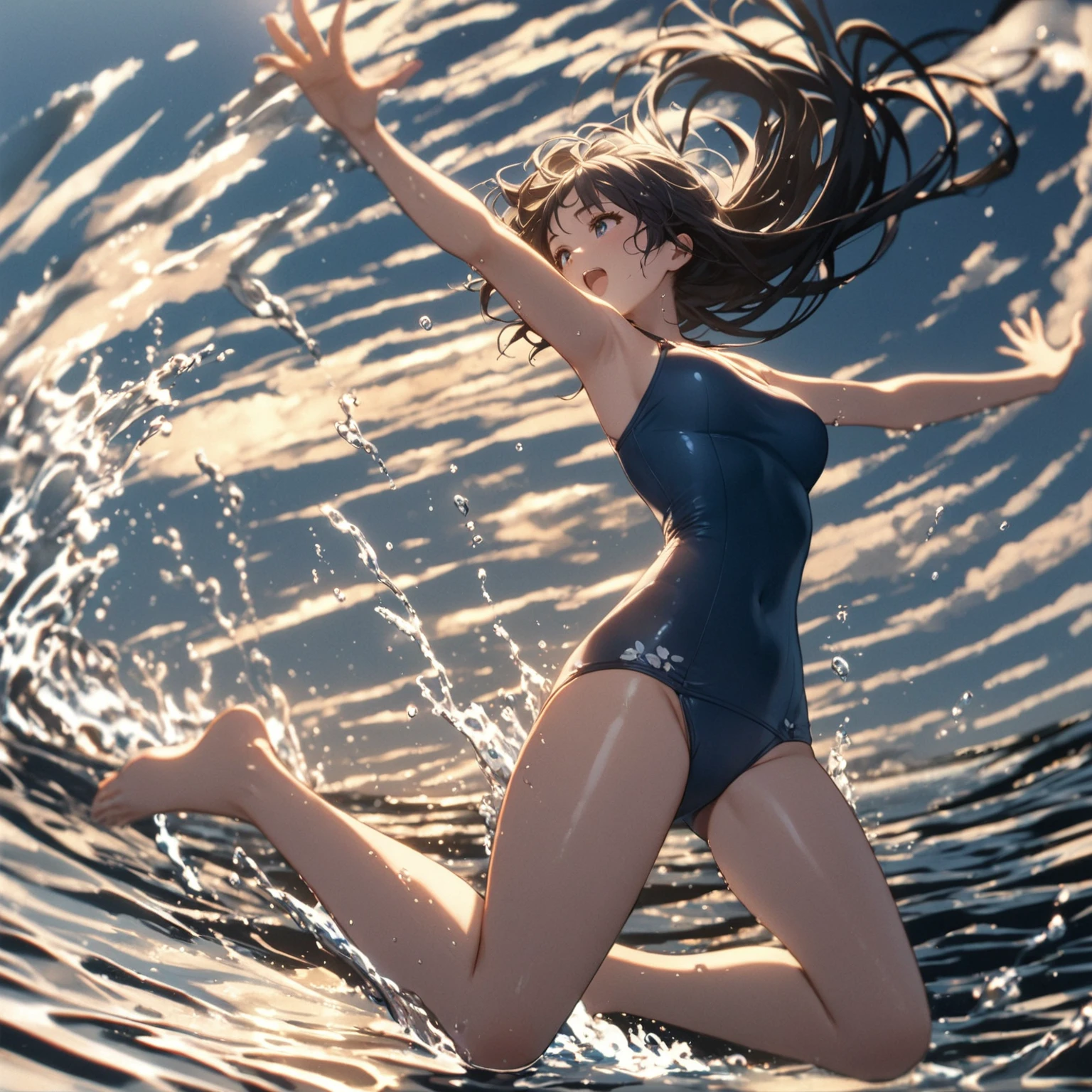 1girl、afloat、Black Hair、Navy blue swimsuit、Ocean、Oceanに浸かる、evening、Reflection on the water、deep faint light 、 detailed CG、high resolution