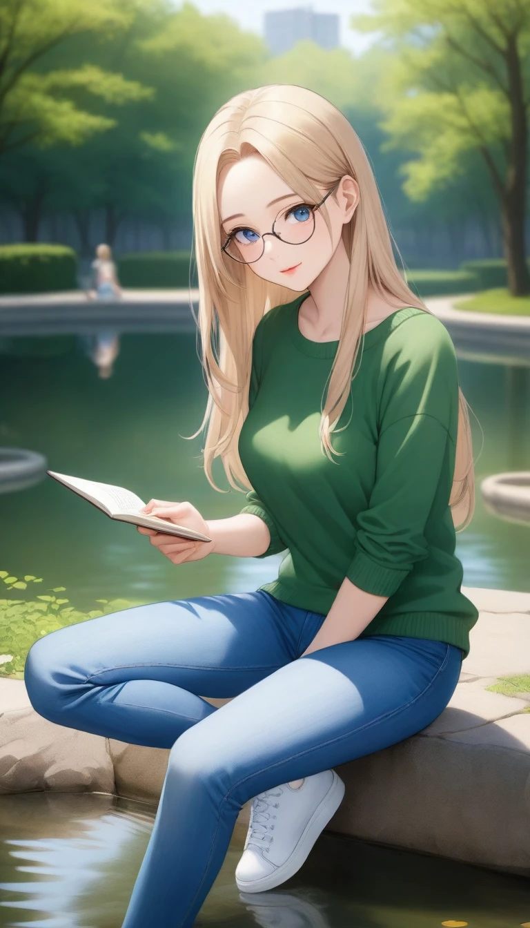 ((best quality, masterpiece:1.3, 8K)), (detailed), highly detailed face and skin texture, detailed eyes, (seductive pose:1.1), park, pond, full body, (slender body:1.1), 1girl, 25 years old, white skin, blue eyes, reading glasses, bright lips, seductive smile, blonde hair, straight hair, long hair, (forehead:1.0), green sweater, jeans pants, skinny jeans, blue jeans, white sneakers,