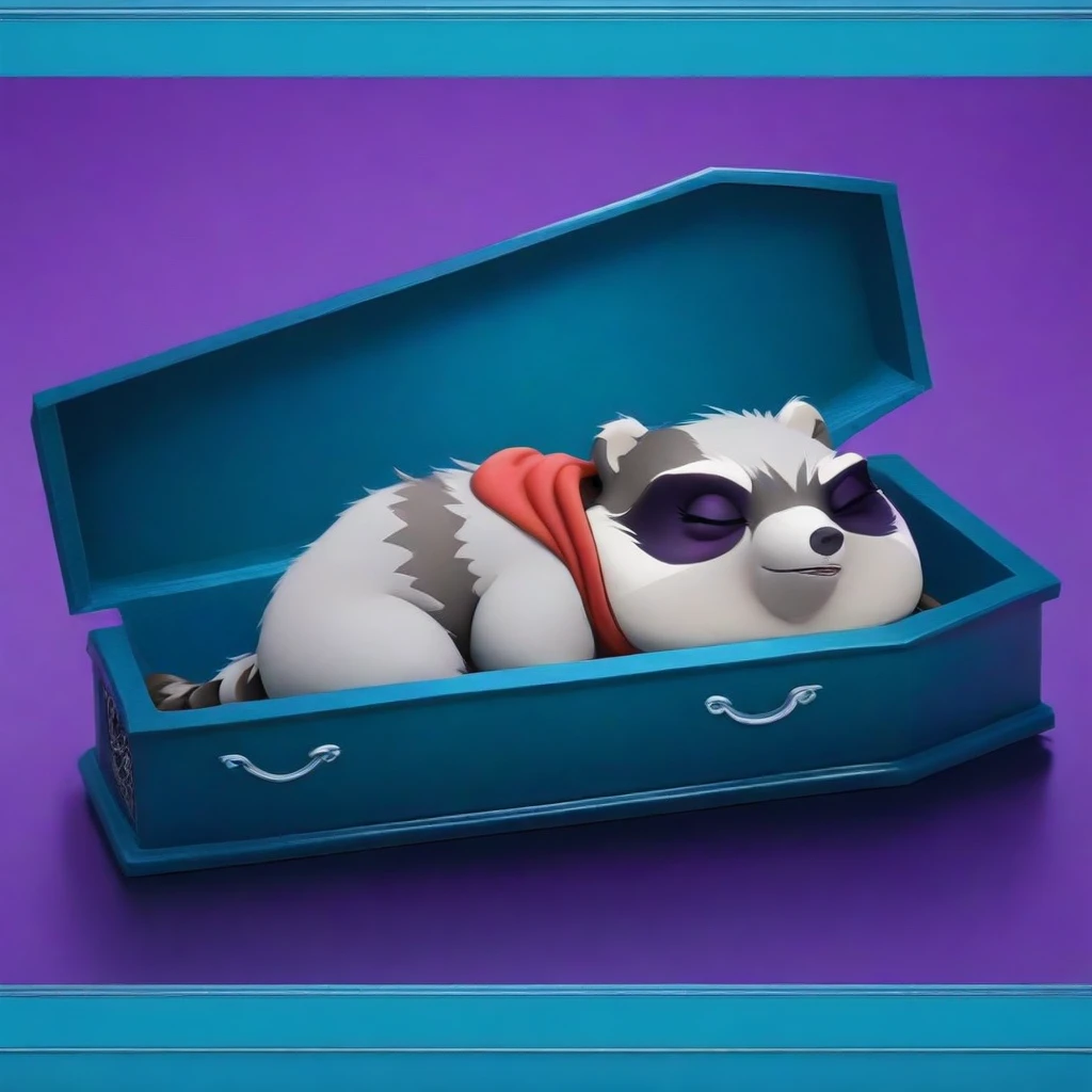 purple cartoon 3D raccoon lies dead in a coffin with his eyes closed and his arms folded on his chest This image features a cartoonish raccoon character lying in a blue coffin. The raccoon is dressed in a purple outfit with a red scarf and has a black mask painted on its face. The character appears to be peacefully purple cartoon 3D raccoon lies dead in a coffin purple cartoon 3D raccoon lies dead in a coffin with his eyes closed and his arms folded on his chest with his eyes closed and his arms folded on his chest resting with its eyes closed. The scene is set against a gradient blue background, which enhances the somber yet whimsical nature of the image. The bright colors of the raccoon's outfit and the coffin create a striking contrast, adding to the surreal and imaginative quality of the scene. purple cartoon 3D raccoon lies dead in a coffin with his eyes closed and his arms folded on his chest purple cartoon 3D raccoon lies dead in a coffin with his eyes closed and his arms folded on his chest