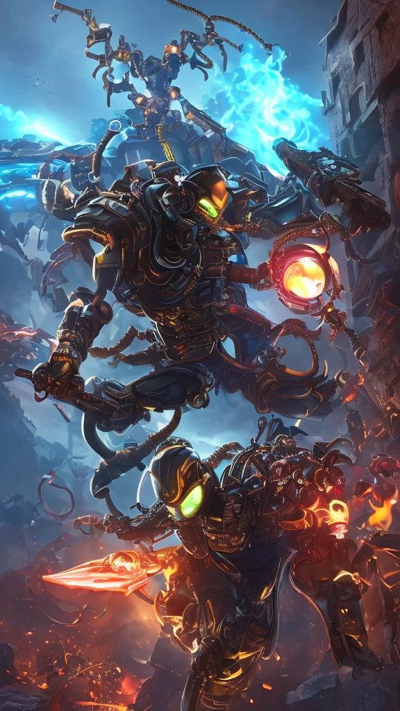 3D Rendering、Toy、Steampunk Style、tarantula、skull、Countless poisonous snakes wriggle around his head.、translucent、Four glowing red eyeonster、Powered Suit、　Bad guy cyborg、invader、Toxic Chemicals、Full body image、Digital Image。