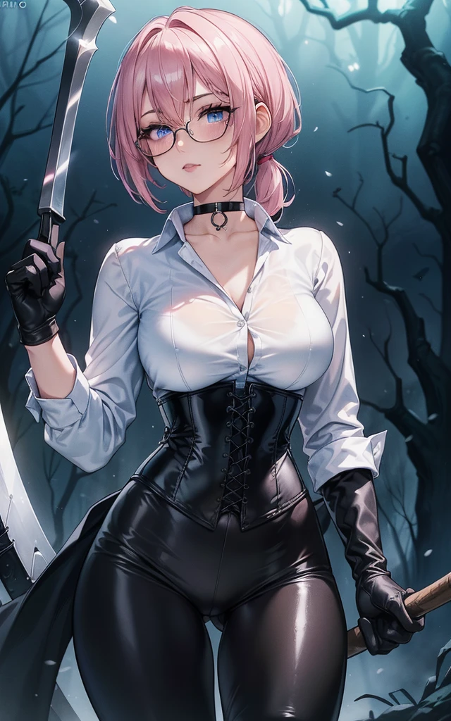 Masterpiece, Beautiful art, professional artist, 8k, art style by sciamano240, Very detailed face, Detailed clothing, detailed fabric, 1 girl, perfectly drawn body, fighting pose, beautiful face, Short ponytail hair, blue eyes, very detailed eyes, pink cheeks, shy expression, glasses, choker:1.6, (long sleeve white collar buttoned shirt), black gloves, gloves covering hands, (holding an ax in the right hand), (black leather corset), (shiny black leggings), sensual lips , evening de invierno, show details in the eyes, view from front, looking at the viewer, dark path, dark forest, evening, Atmosphere, fog