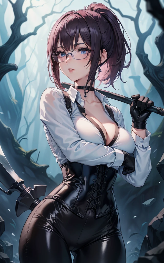 Masterpiece, Beautiful art, professional artist, 8k, art style by sciamano240, Very detailed face, Detailed clothing, detailed fabric, 1 girl, perfectly drawn body, fighting pose, beautiful face, Short ponytail hair, blue eyes, very detailed eyes, pink cheeks, shy expression, glasses, choker:1.6, (long sleeve white collar oned shirt), black gloves, gloves covering hands, (holding an ax in the right hand), (black leather corset), (shiny black leggings), sensual lips , evening de invierno, show details in the eyes, view from front, looking at the viewer, dark path, dark forest, evening, Atmosphere, fog